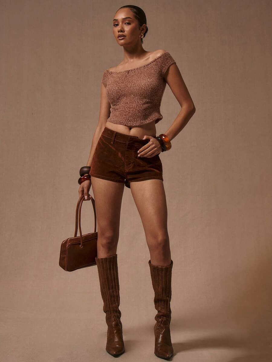 MUSERA Bardot Knit Crop Top Vacation Spring Summer Holiday - Coffee Brown - View 1