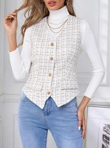 SHEIN Clasi 女士秋冬时尚格纹单排扣优雅背心夹克 - 米色 - 查看 6