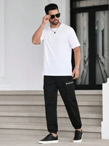 Manfinity Homme Men's Solid Color Front Lace-Up & Letter Print Pocket Casual Long Pants'