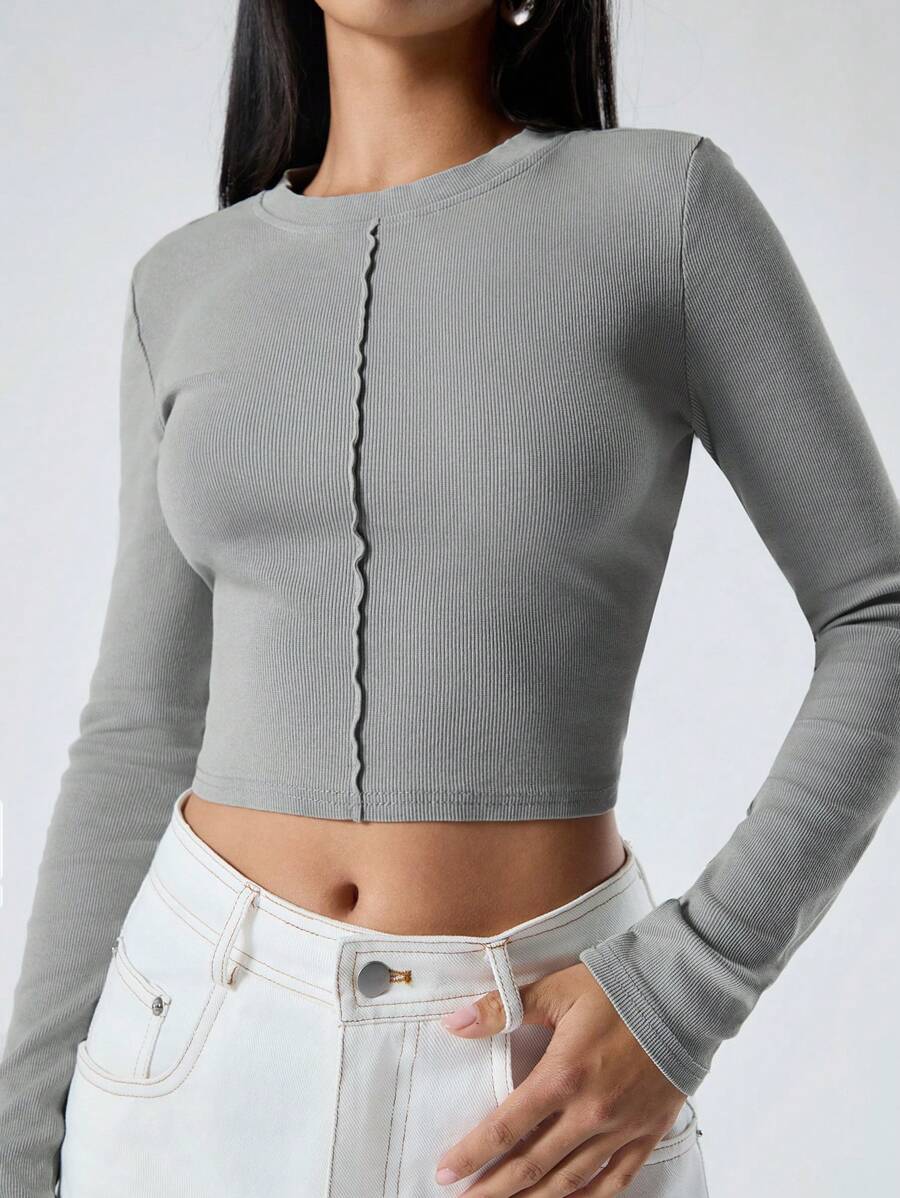 LYSMO Women's Solid Color Crew Neck Long Sleeve Casual Slim Fit T-Shirt - Grey - View 1