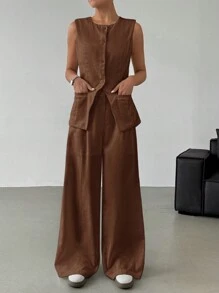 Muchica 2 件套女士亚麻休闲西装套装，简约时尚，适合工作和休闲 - 棕色 - 查看 3