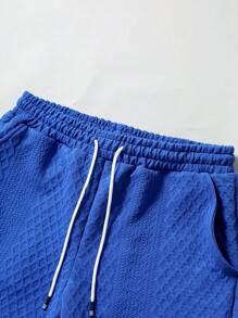 Manfinity Homme 男士度假休闲风格提花针织短袖衬衫和短裤套装，适合夏威夷海滩度假、音乐节和日常穿着。送给男朋友或老公的绝佳礼物，舒适装扮 - 寶藍色 - 查看 4