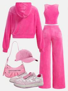 SHEIN Girlism Teen Girl 3pcs/Set Casual All-Match Comfort Graphic Tank Top, Jacket And Pants Suit, Pink, Autumn/Winter - Pink - View 2