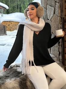 SHEIN EZwear Áo len dệt kim rộng rãi màu trơn thường ngày cỡ lớn thả vai, mùa thu/đông - màu đen - Xem 6