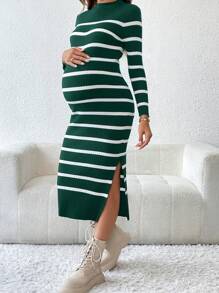SHEIN Pregnant Women Stand Collar Long Sleeve Striped Side Slit Hemline Fitted Sweater Dress, Spring & Autumn, For Maternity, For Winter - Green - View 3