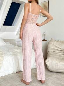 Sexy Sheer Lace Trim Pajama Set For Women - Pink - View 2