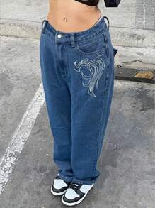 2024 Popular Straight-Leg Embroidered Denim Jeans - Medium Wash - View 5