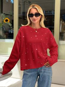 EURMUSE Woman Loose Fit Comfy Warm Rhinestones Detailed Sweater - Red - View 3