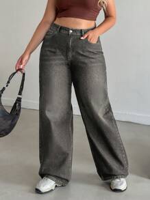 EURMUSE Plus Size Women Low Waist Pocketed Vintage Washed Jeans - Grey - View 5