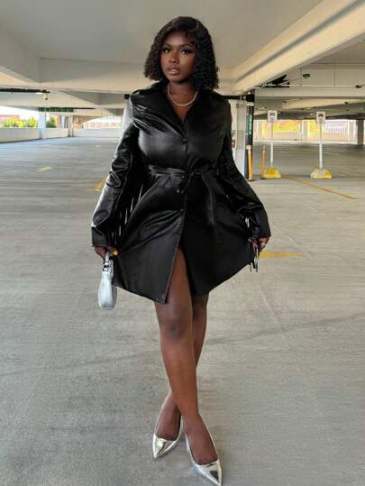 Zolique 1pc Women Single-Breasted Fringed PU Trench Coat, Long Sleeve, Solid Color