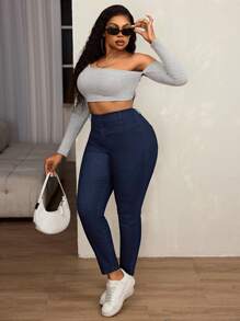 SHEIN SXY Quần Jeans Skinny Co Giãn Xếp Ly Cạp Cao Size Lớn - Rửa tối - Xem 4