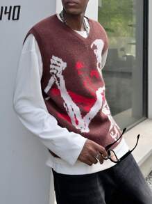 Manfinity EMRG Men's Casual Skull Pattern Knitted Sweater Vest, Spring And Autumn