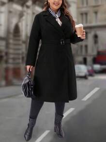 EMERY ROSE Plus Size Women's Winter Solid Color Notched Lapel Long Sleeve Double Breasted Pocket Elegant Woolen Winter Women Coat Coat - Black - View 4