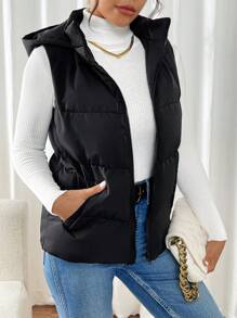 SHEIN Frenchy 女士纯色前拉链连帽加垫背心，冬季
