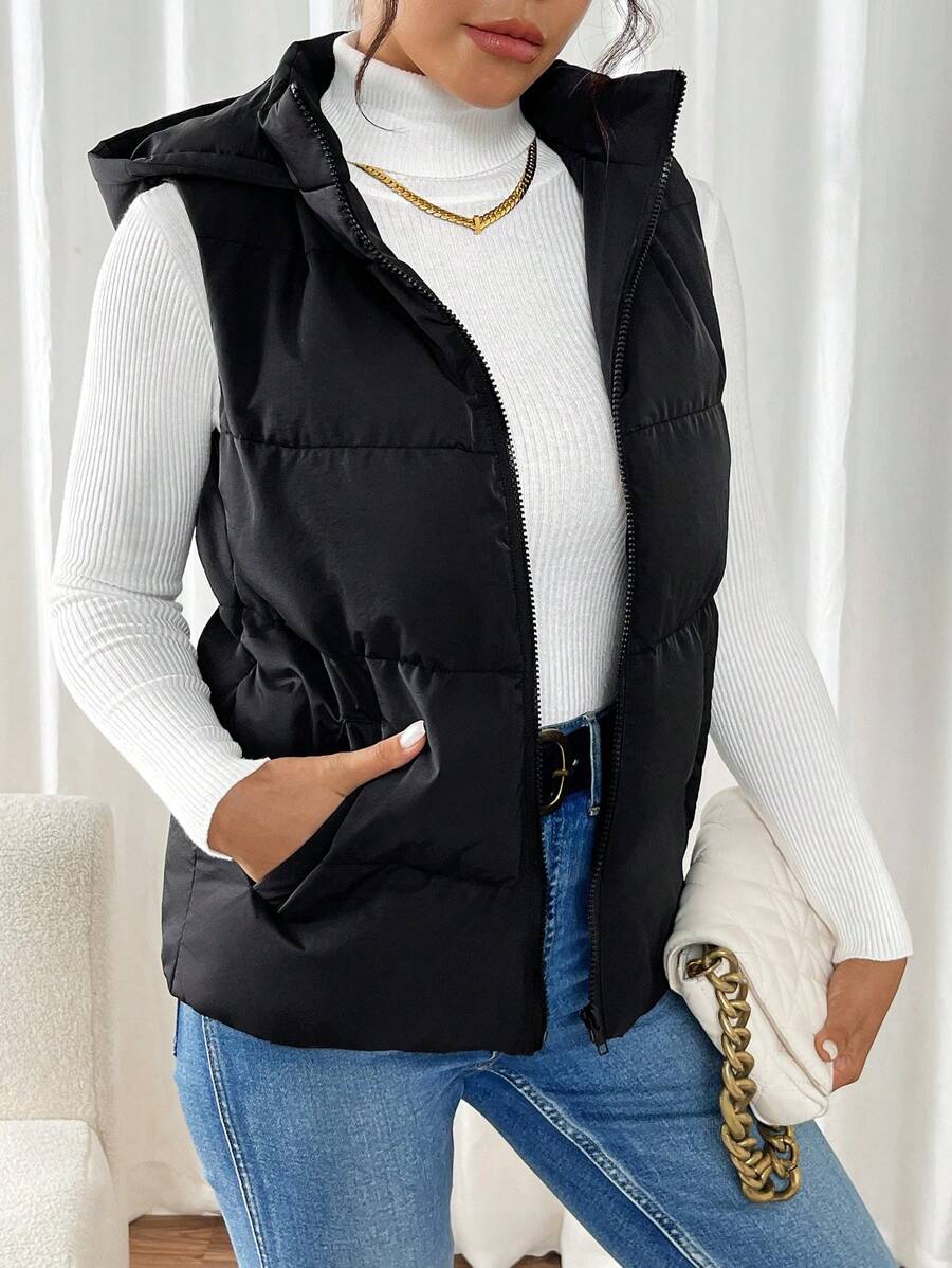 SHEIN Frenchy 女士纯色前拉链连帽加垫背心，冬季