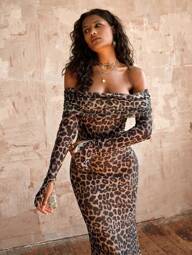 Opulessa Beach Women Outfits Sexy Party Halloween Masquerade Balldress 1pc Women's Vacation Knitted Mesh Print Off Shoulder Maxi Sleeve Bodycon Dress