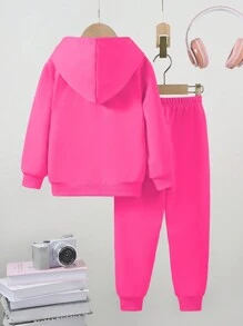 Young Girl Casual Cute Girl Pattern & Letter Hoodie With Sweatpants 2 Pieces Set - Hot Pink - View 2