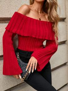 Women's Solid Color Off Shoulder Flared Sleeve Casual Sweater, Autumn/Winter - Red - View 1