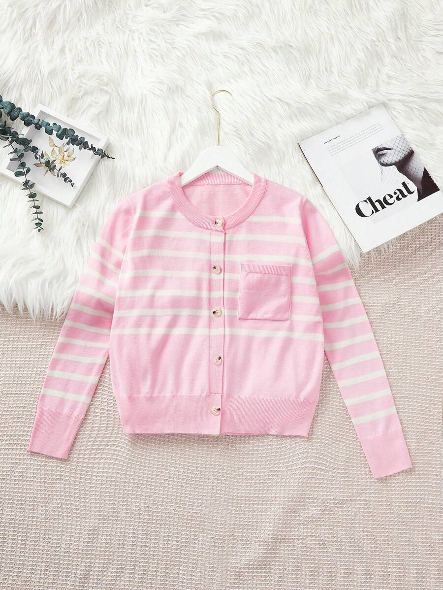 SHEIN LUNE Striped Print Round Neck With Buttons And Pockets Long Sleeve Knitted Cardigan - Baby Pink - View 1