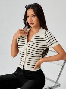 SHEIN PETITE 女式翻领学院风条纹纽扣毛衣、短袖上衣 - 杏色 - 查看 6
