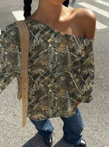 SHEIN EZwear 女士露肩宽松枝叶印花轻质长袖运动衫，适合秋季 - 白色 - 查看 4