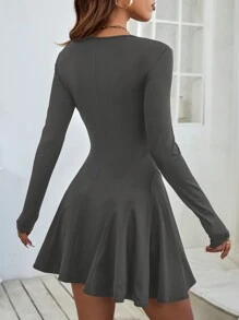 SHEIN PETITE 女式纯色圆领长袖褶饰短款休闲连衣裙，秋季 - 灰色 - 查看 2