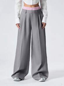 LYSMO Casual Color-Block Waistband Wide-Leg Pants - Grey - View 1