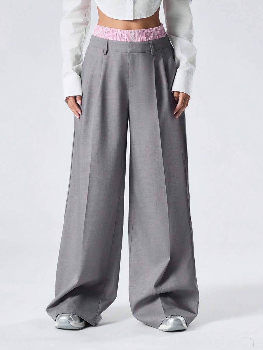 LYSMO Casual Color-Block Waistband Wide-Leg Pants - Grey - View 1