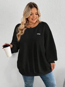 SHEIN CURVE+ Curve Plus Letter Patch Detail Drop Shoulder Sweatshirt Winter Fall Autumn - Black - View 4