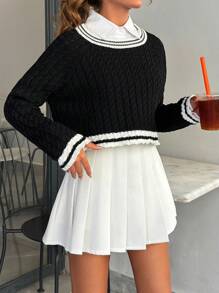 EURMUSE Women Loose Fit Striped Detailed Cropped Sweater - Apricot - View 5