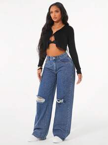 SHEIN SXY 女式宽松破洞阔腿休闲牛仔裤，带口袋