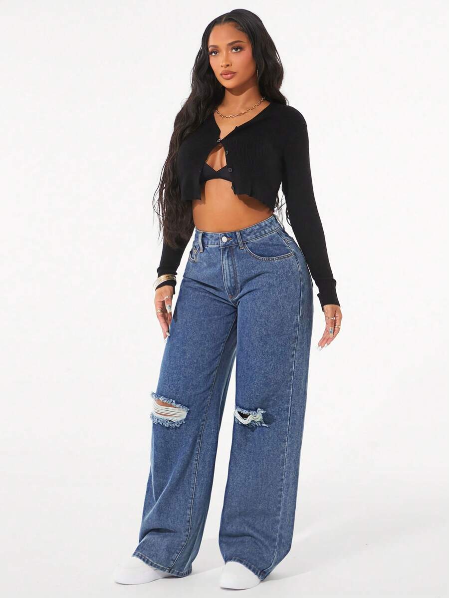 SHEIN SXY 女式宽松破洞阔腿休闲牛仔裤，带口袋