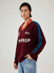 Manfinity Campus Court Aesthetic Post--Men's Casual Color Block Letter Pattern V-Neck Loose Knit Sweater, Suitable For Autumn/Winter - Burgundy - View 4