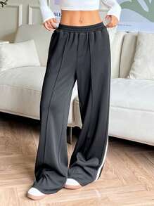 SHEIN EZwear Women Casual Contrast Color Side Stripe Wide Leg Pants - Black - View 5