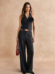 Poéselle Fall Gray Twill Cubic Floral Suit Vest Trouser 2 Pieces Set, Two Pieces Fall Outfits, Women's Halter Strapless Halter Top And Textured Trouser Set, - Grey - View 6