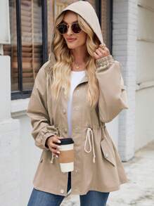 EMERY ROSE Women's Casual Solid Color Drawstring Waist Hooded Regular Jacket, Autumn - Khaki - View 5