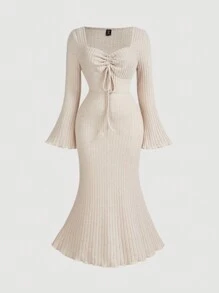 SHEIN MOD 大码圆领长袖抽绳荷叶边下摆连衣裙，秋冬款 - 杏色 - 查看 1