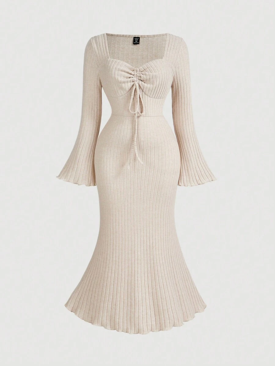 SHEIN MOD 大码圆领长袖抽绳荷叶边下摆连衣裙，秋冬款 - 杏色 - 查看 1