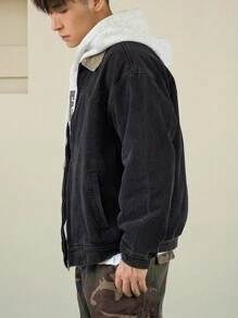 DAZY Chaqueta vaquera informal con estampado de letras para hombres, otoño - Gris Oscuro - Ver 6