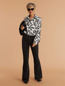 SHEIN LUNE 1 件女士秋季宽松蝙蝠袖休闲通勤豹纹衬衫 - 黑與白 - 查看 6