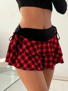 SHEIN EZwear 女士纯色系带简约休闲迷你裙 - 紅色 - 查看 3