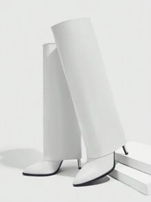 CUCCOO SZL 女士时尚白色喇叭腿尖头高筒细跟过膝长靴，性感骑士风春季鞋履，春假复活节必备 - 白色 - 查看 2