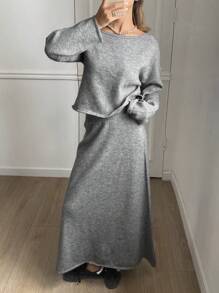 DAZY 2 pièces/set Pull à manches longues col asymétrique et jupe mi-longue en tricot pour femmes, tenue décontractée, automne