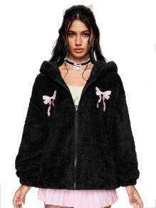 ROMWE Kawaii Cárdigan con capucha de forro térmico con bordado de moño dulce y fresco para mujeres, otoño/invierno