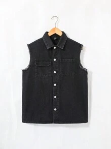 SHEIN 青少年男孩 2 件时尚休闲黑色牛仔口袋设计无袖背心和宽松舒适大口袋直筒牛仔裤，适合日常穿着和秋冬季青少年男孩服装 - 黑色 - 查看 6