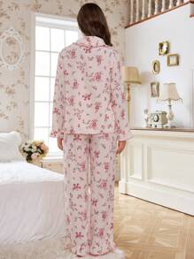 CottageSlumber 女士舒适碎花蝴蝶结装饰上衣和裤子睡衣套装，秋季假日季，舒适优雅的细节，秋冬服装