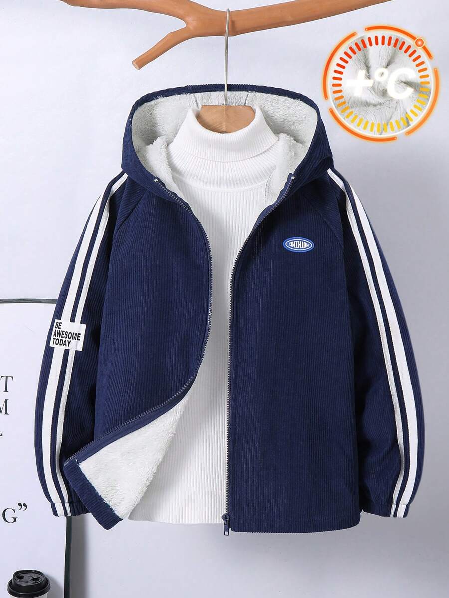 SHEIN Tween 男童休闲日常贴袖撞色厚灯芯绒面料保暖内衬连帽开衫夹克,适合学校、花园、海滩、生日、春季、夏季、秋季、冬季 - 藍色 - 查看 1
