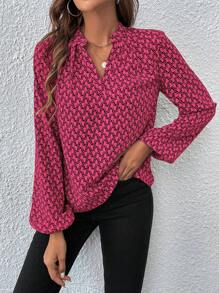Calvaya 1pc Women Allover Print Long Sleeve Casual Blouse, Random Floral/Graphic Print