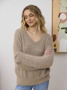 Aralina 宽松柔软 V 领长袖宽松针织毛衣