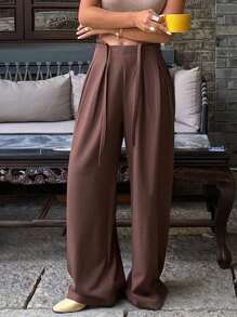 Livesso Old Money Women's Casual Solid Color Loose Wide Leg Pants With Drawstring And Zipper Fall - Coffee Brown - View 7